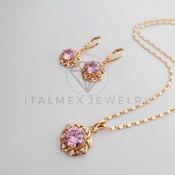 18K Gold Plated Flower Pink CZ Set - Picture 3 of 8